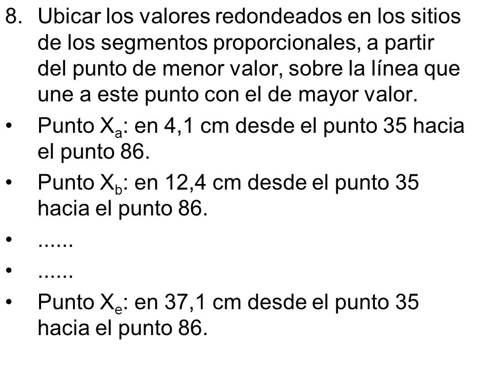 8. Ubicar los valores redondeados en los sitios de los segmentos proporcionales, a partir del punto de menor valor, sobre la línea que une a este punto con el de mayor valor.