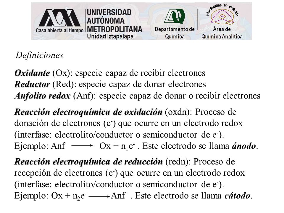 Definiciones Oxidante (Ox): especie capaz de recibir electrones. Reductor (Red): especie capaz de donar electrones.