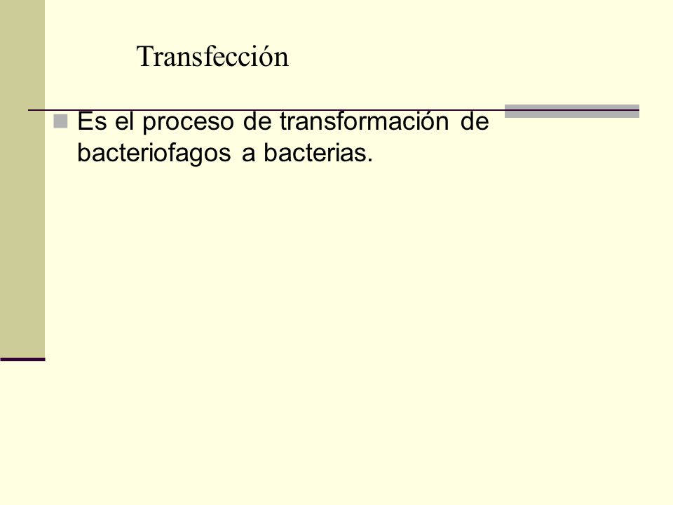 Transfección Es el proceso de transformación de bacteriofagos a bacterias.