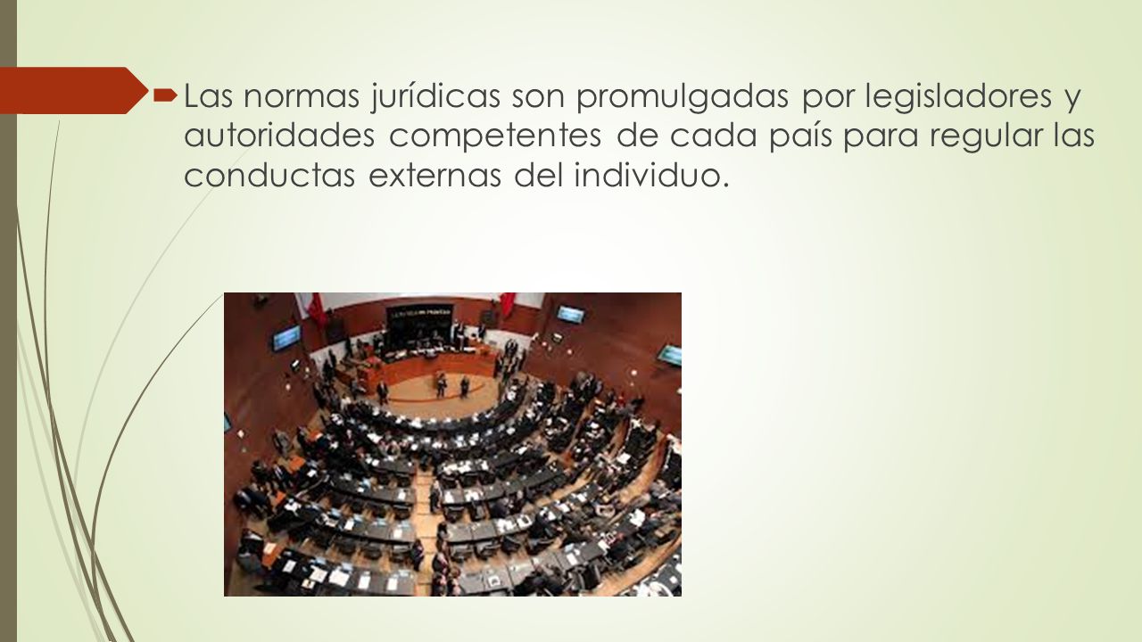 Las normas jurídicas son promulgadas por legisladores y autoridades competentes de cada país para regular las conductas externas del individuo.