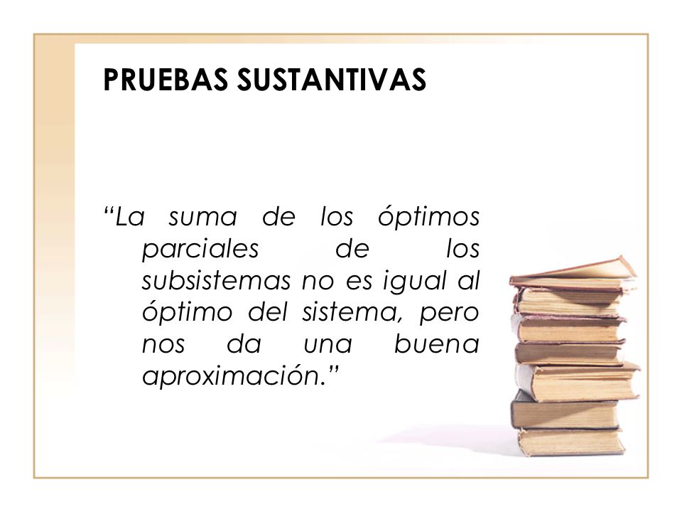 PRUEBAS SUSTANTIVAS La suma de los óptimos parciales de los subsistemas no es igual al óptimo del sistema, pero nos da una buena aproximación.
