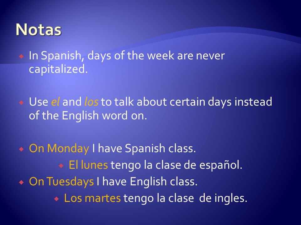 Notas In Spanish, days of the week are never capitalized.
