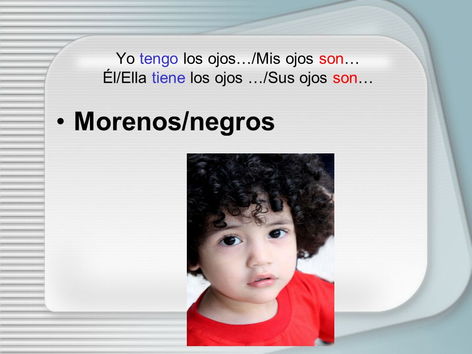 Yo tengo los ojos…/Mis ojos son… Él/Ella tiene los ojos …/Sus ojos son…