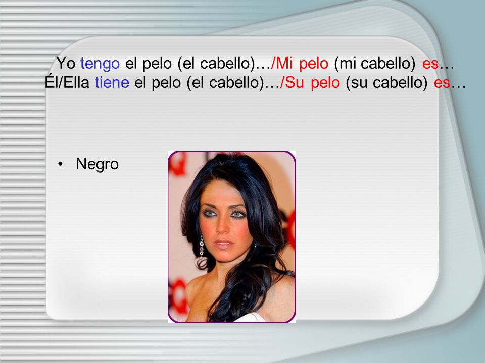 Yo tengo el pelo (el cabello)…/Mi pelo (mi cabello) es… Él/Ella tiene el pelo (el cabello)…/Su pelo (su cabello) es…
