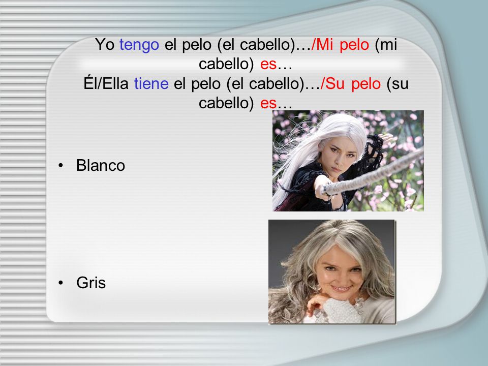 Yo tengo el pelo (el cabello)…/Mi pelo (mi cabello) es… Él/Ella tiene el pelo (el cabello)…/Su pelo (su cabello) es…