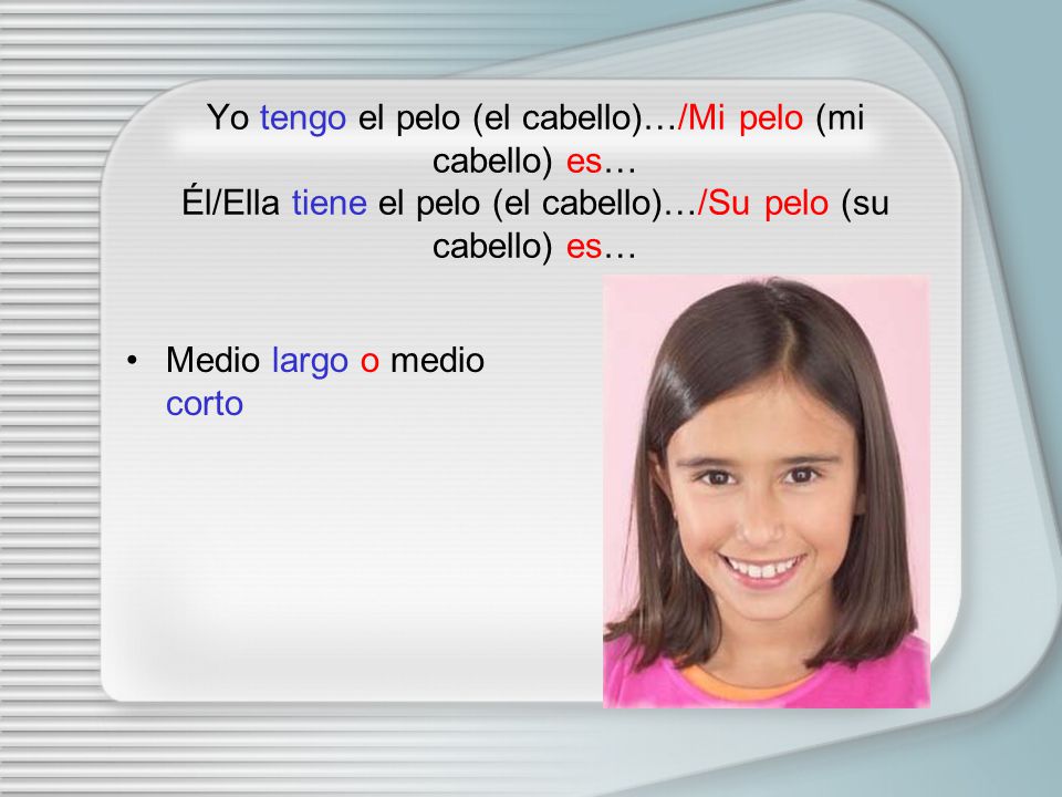 Yo tengo el pelo (el cabello)…/Mi pelo (mi cabello) es… Él/Ella tiene el pelo (el cabello)…/Su pelo (su cabello) es…