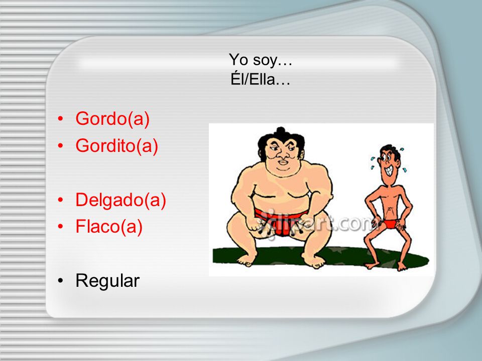 Yo soy… Él/Ella… Gordo(a) Gordito(a) Delgado(a) Flaco(a) Regular