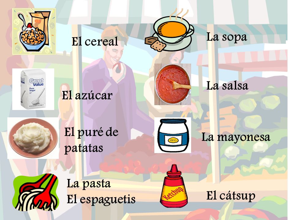 La sopa El cereal. La salsa. El azúcar. El puré de. patatas. La mayonesa. La pasta. El espaguetis.