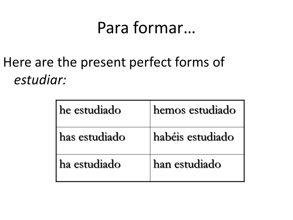 Para formar… Here are the present perfect forms of estudiar:
