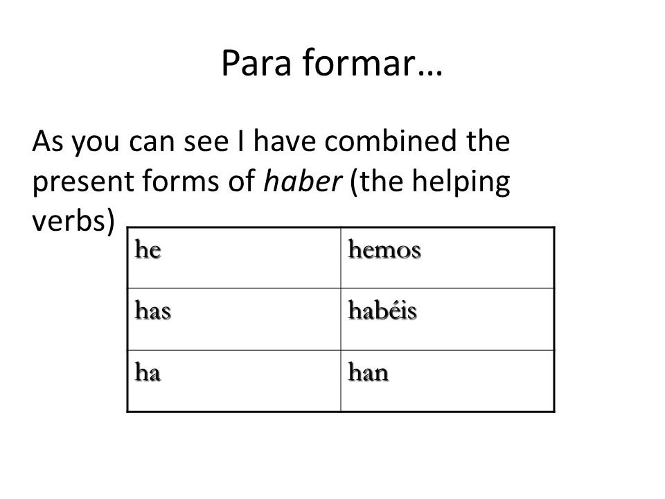 Para formar… As you can see I have combined the present forms of haber (the helping verbs) he. hemos.