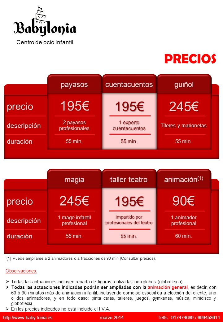 PRECIOS 195€ 195€ 245€ 245€ 90€ 195€ precio precio payasos
