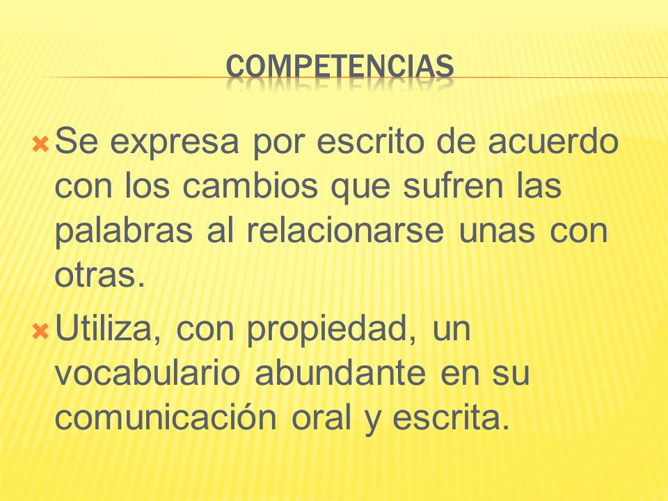 COMPETENCIAS Se expresa por escrito de acuerdo con los cambios que sufren las palabras al relacionarse unas con otras.