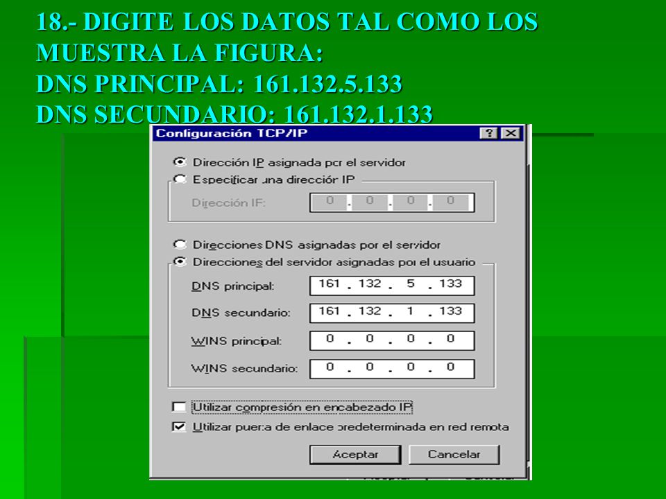 18.- DIGITE LOS DATOS TAL COMO LOS MUESTRA LA FIGURA: DNS PRINCIPAL: DNS SECUNDARIO: