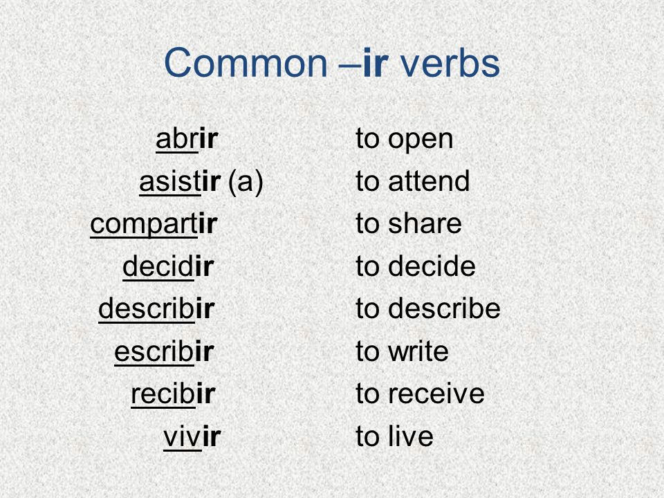 Common –ir verbs abrir to open asistir (a) to attend