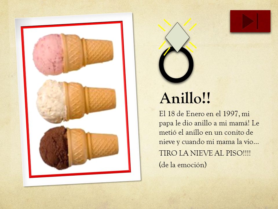 Anillo!! El 18 de Enero en el 1997, mi papa le dio anillo a mi mamá! Le metió el anillo en un conito de nieve y cuando mi mama la vio…
