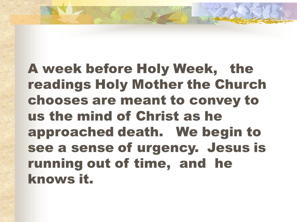 A week before Holy Week, the readings Holy Mother the Church chooses are meant to convey to us the mind of Christ as he approached death.