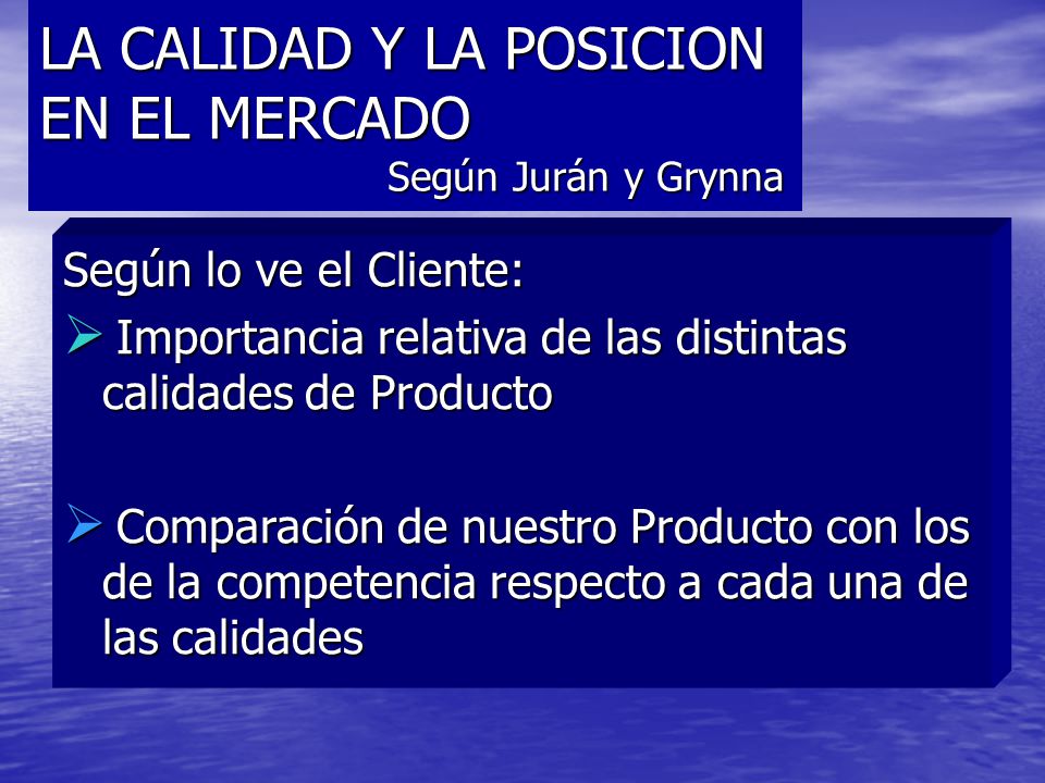 LA CALIDAD Y LA POSICION EN EL MERCADO Según Jurán y Grynna