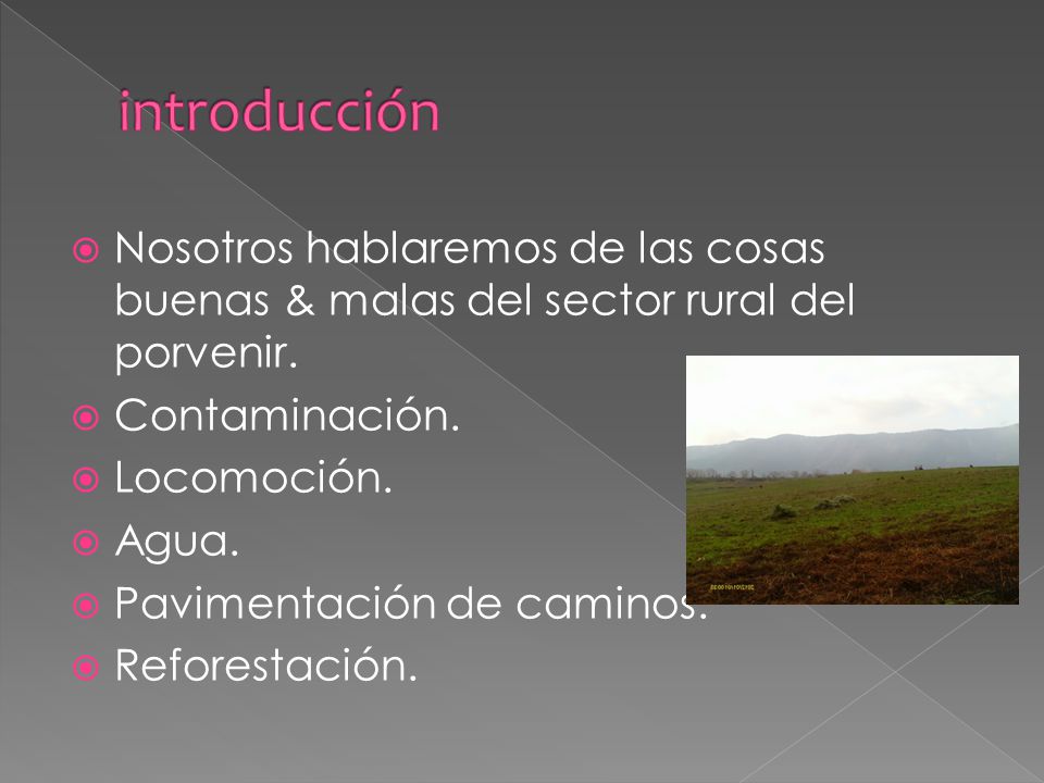 introducción Nosotros hablaremos de las cosas buenas & malas del sector rural del porvenir. Contaminación.