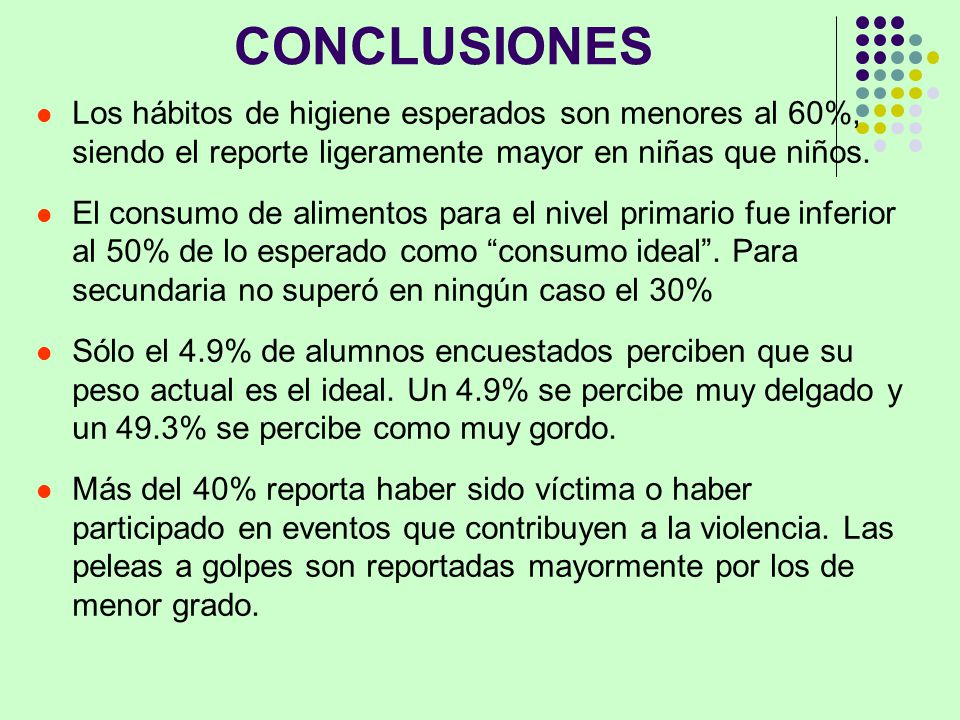 CONCLUSIONES Los hábitos de higiene esperados son menores al 60%, siendo el reporte ligeramente mayor en niñas que niños.