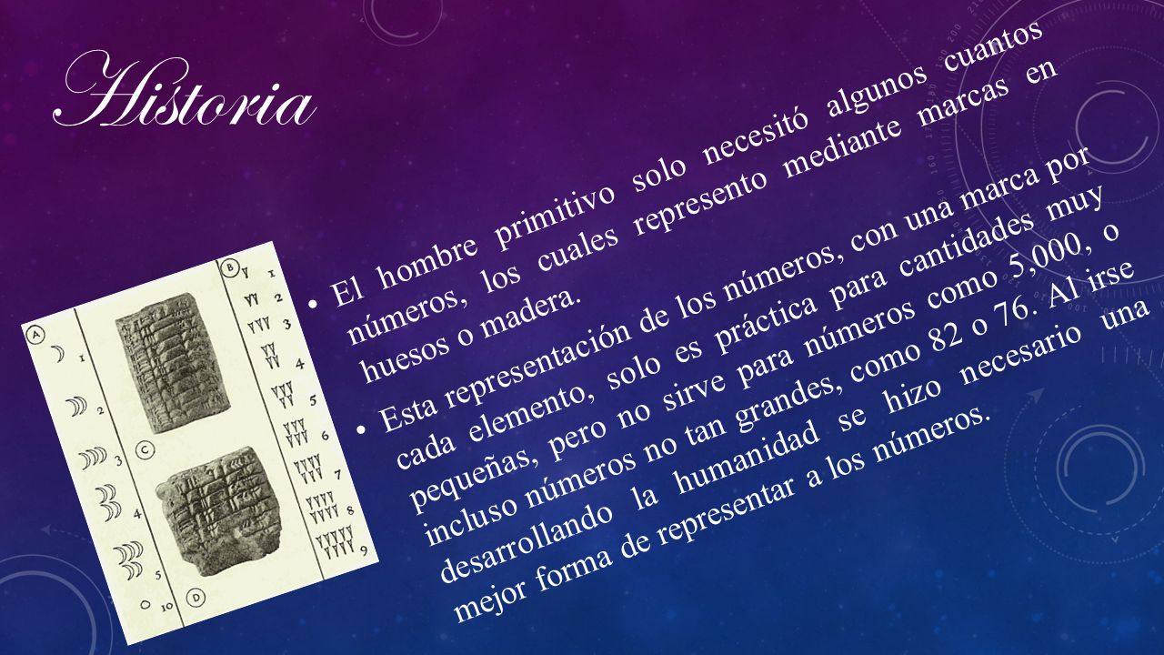 Historia El hombre primitivo solo necesitó algunos cuantos números, los cuales represento mediante marcas en huesos o madera.
