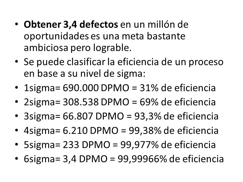 Obtener 3,4 defectos en un millón de oportunidades es una meta bastante ambiciosa pero lograble.
