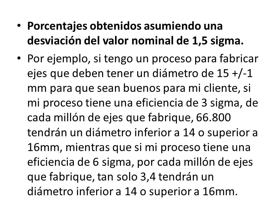 Porcentajes obtenidos asumiendo una desviación del valor nominal de 1,5 sigma.