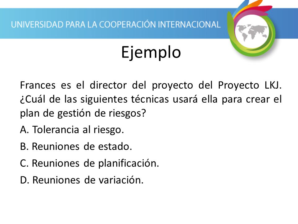 Ejemplo Frances es el director del proyecto del Proyecto LKJ. ¿Cuál de las siguientes técnicas usará ella para crear el plan de gestión de riesgos