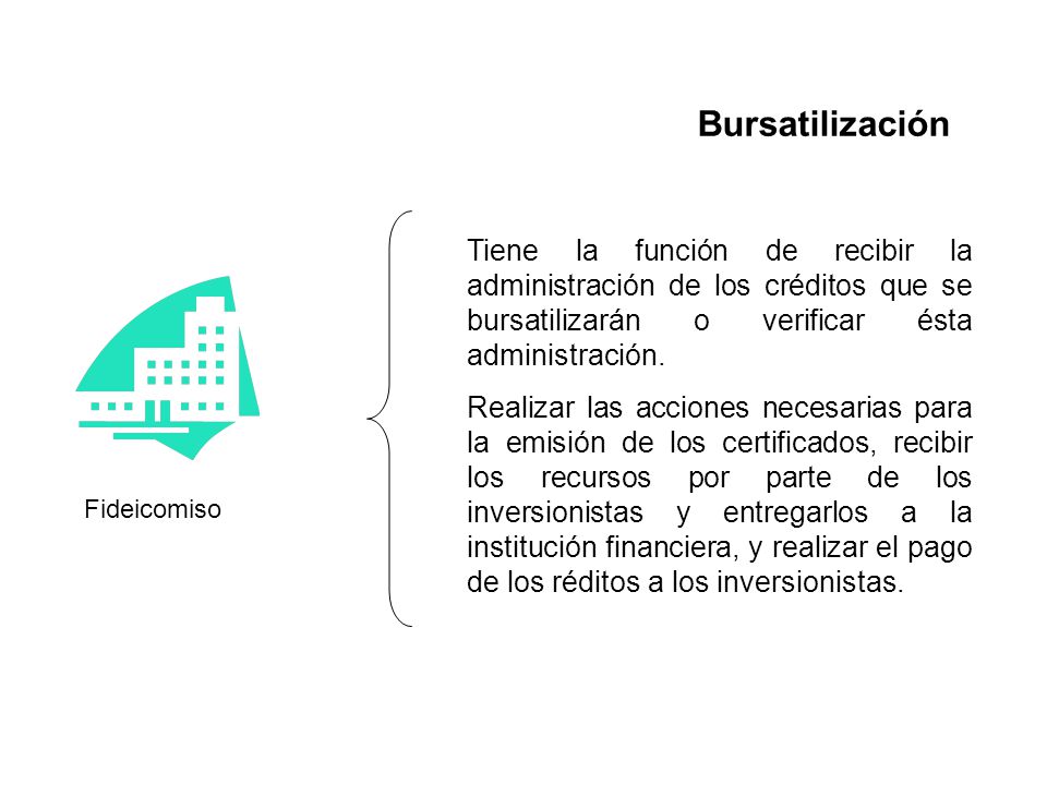 Bursatilización Tiene la función de recibir la administración de los créditos que se bursatilizarán o verificar ésta administración.