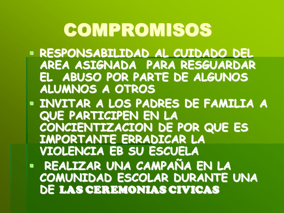 COMPROMISOS RESPONSABILIDAD AL CUIDADO DEL AREA ASIGNADA PARA RESGUARDAR EL ABUSO POR PARTE DE ALGUNOS ALUMNOS A OTROS.