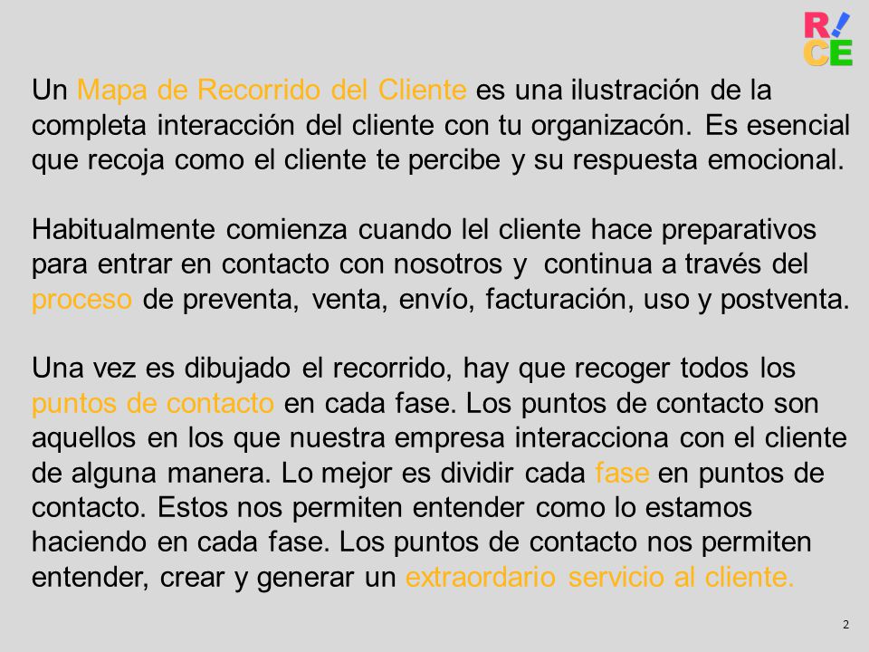 Un Mapa de Recorrido del Cliente es una ilustración de la completa interacción del cliente con tu organizacón. Es esencial que recoja como el cliente te percibe y su respuesta emocional.