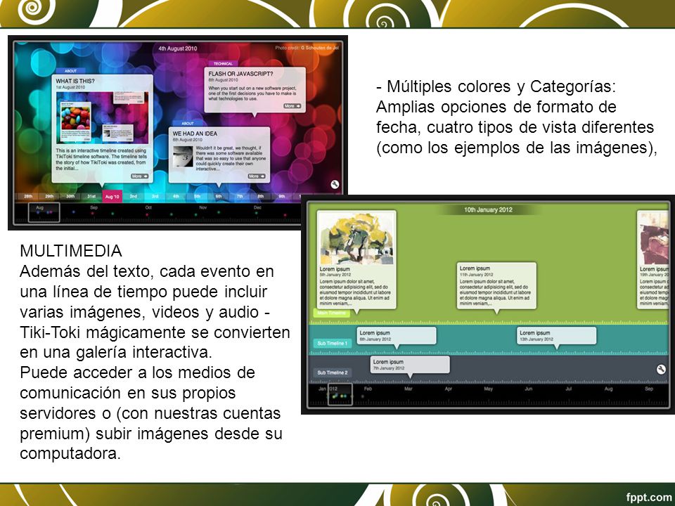 - Múltiples colores y Categorías: Amplias opciones de formato de fecha, cuatro tipos de vista diferentes (como los ejemplos de las imágenes),