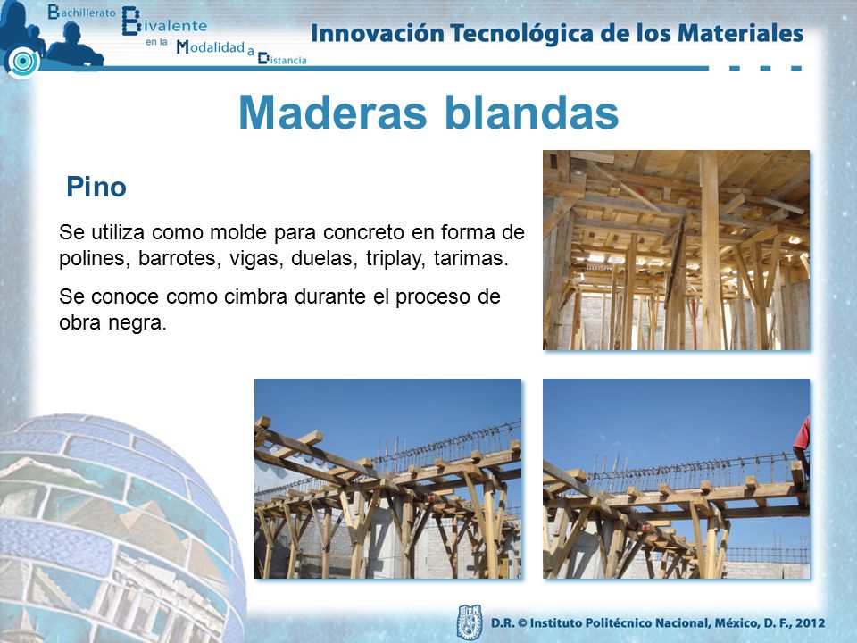 Maderas blandas Pino. Se utiliza como molde para concreto en forma de polines, barrotes, vigas, duelas, triplay, tarimas.