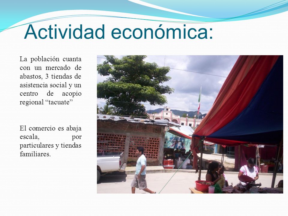 Actividad económica: La población cuanta con un mercado de abastos, 3 tiendas de asistencia social y un centro de acopio regional tacuate
