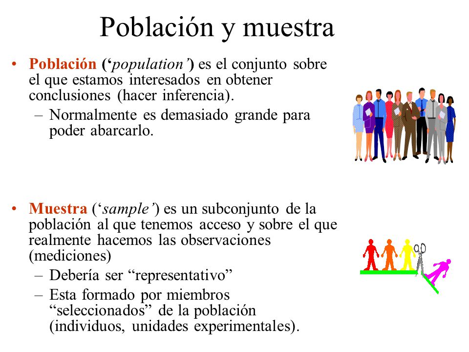 Población y muestra Población (‘population’) es el conjunto sobre el que estamos interesados en obtener conclusiones (hacer inferencia).