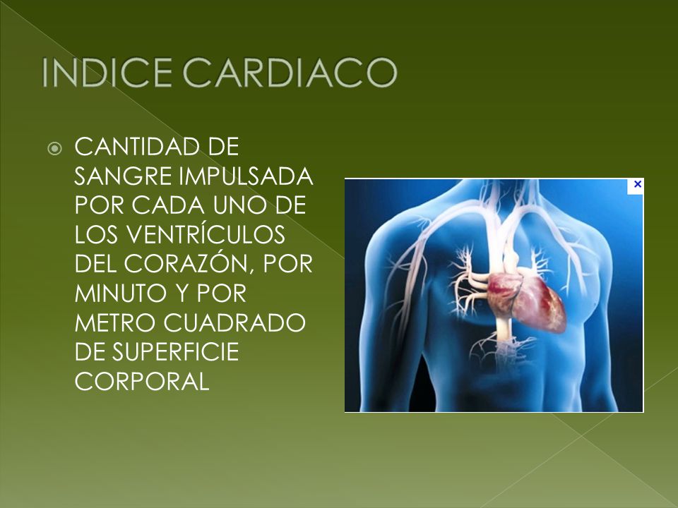 INDICE CARDIACO CANTIDAD DE SANGRE IMPULSADA POR CADA UNO DE LOS VENTRÍCULOS DEL CORAZÓN, POR MINUTO Y POR METRO CUADRADO DE SUPERFICIE CORPORAL.