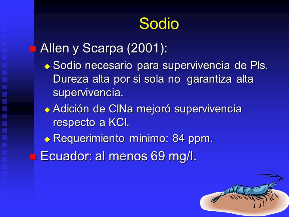 Sodio Allen y Scarpa (2001): Ecuador: al menos 69 mg/l.