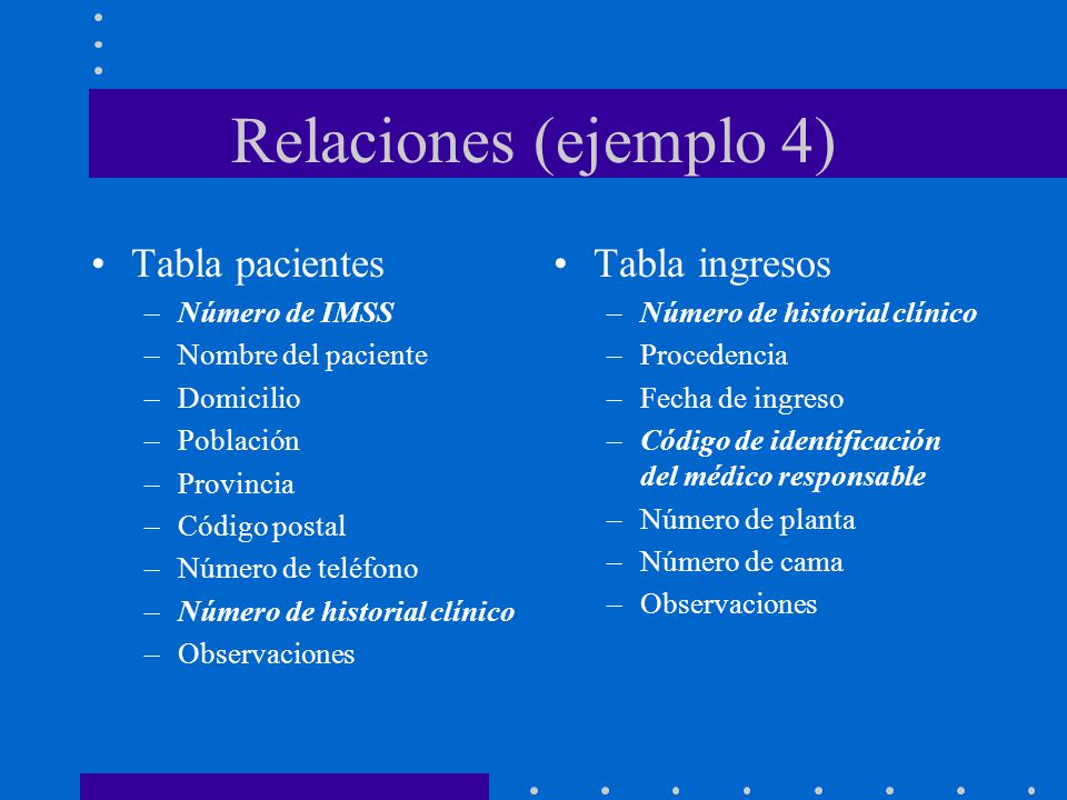 Relaciones (ejemplo 4) Tabla pacientes Tabla ingresos Número de IMSS