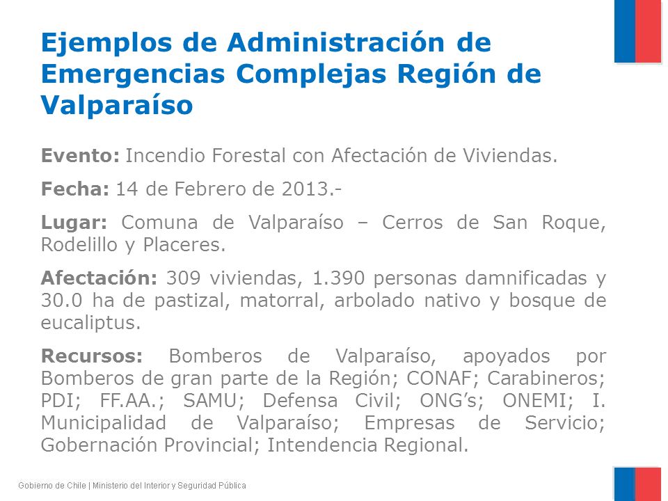 Ejemplos de Administración de Emergencias Complejas Región de Valparaíso