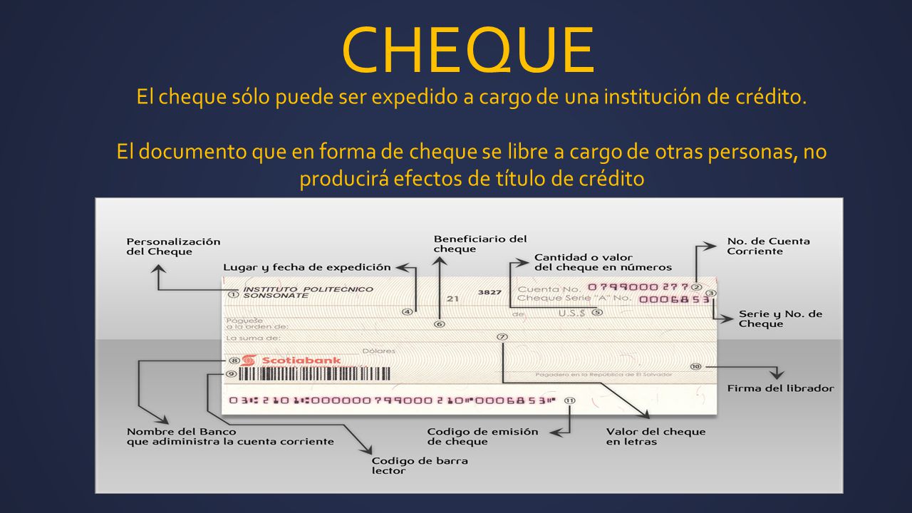CHEQUE El cheque sólo puede ser expedido a cargo de una institución de crédito.