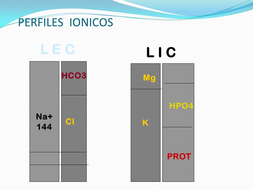 PERFILES IONICOS L E C L I C Na+ 144 K HCO3 Mg HPO4 Cl PROT