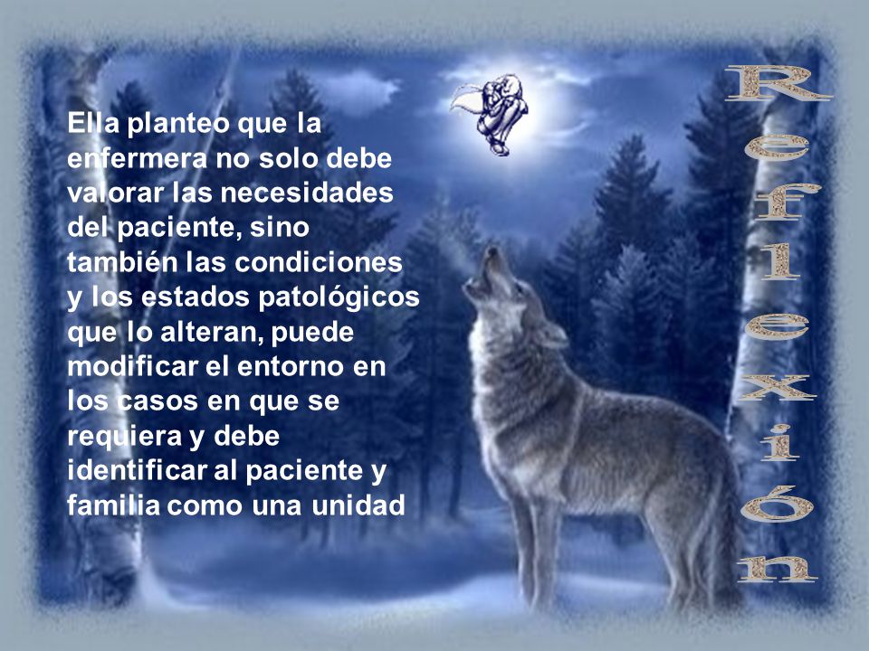 Ella planteo que la enfermera no solo debe valorar las necesidades del paciente, sino también las condiciones y los estados patológicos que lo alteran, puede modificar el entorno en los casos en que se requiera y debe identificar al paciente y familia como una unidad