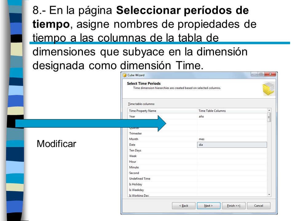 8.- En la página Seleccionar períodos de tiempo, asigne nombres de propiedades de tiempo a las columnas de la tabla de dimensiones que subyace en la dimensión designada como dimensión Time.