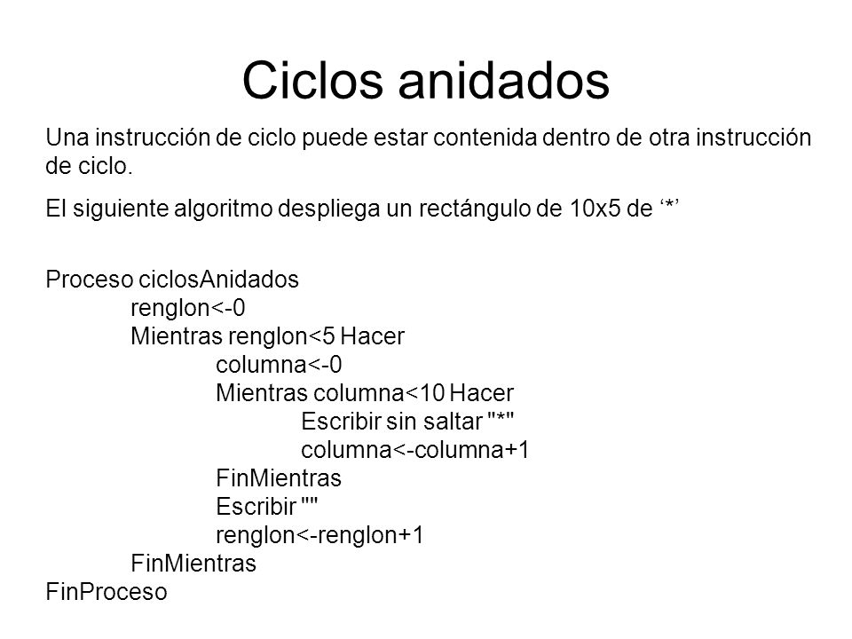 Ciclos anidados Una instrucción de ciclo puede estar contenida dentro de otra instrucción de ciclo.