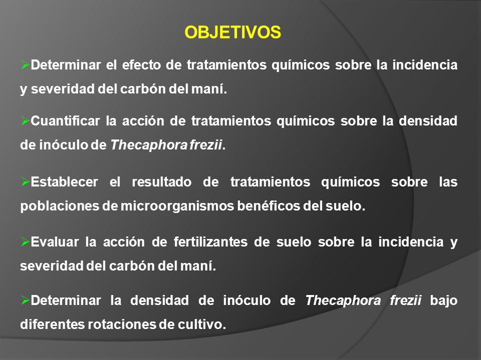 OBJETIVOS Determinar el efecto de tratamientos químicos sobre la incidencia y severidad del carbón del maní.