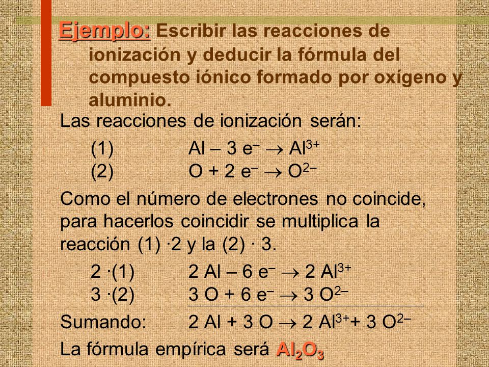 Ejemplo: Escribir las reacciones de ionización y deducir la fórmula del compuesto iónico formado por oxígeno y aluminio.