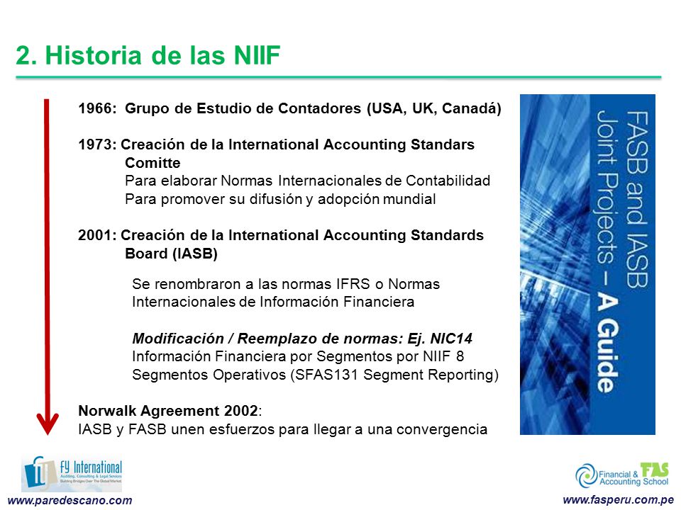 2. Historia de las NIIF 1966: Grupo de Estudio de Contadores (USA, UK, Canadá) 1973: Creación de la International Accounting Standars.
