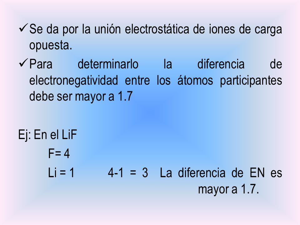 Se da por la unión electrostática de iones de carga opuesta.