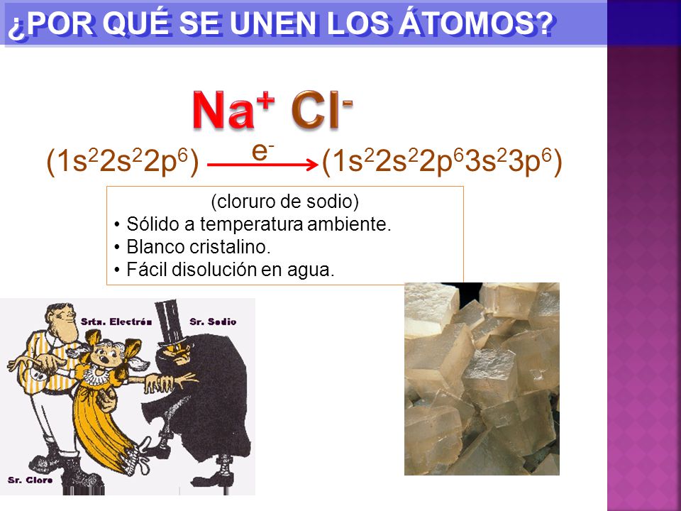 Na+ Cl- ¿POR QUÉ SE UNEN LOS ÁTOMOS e- (1s22s22p6) (1s22s22p63s23p6)