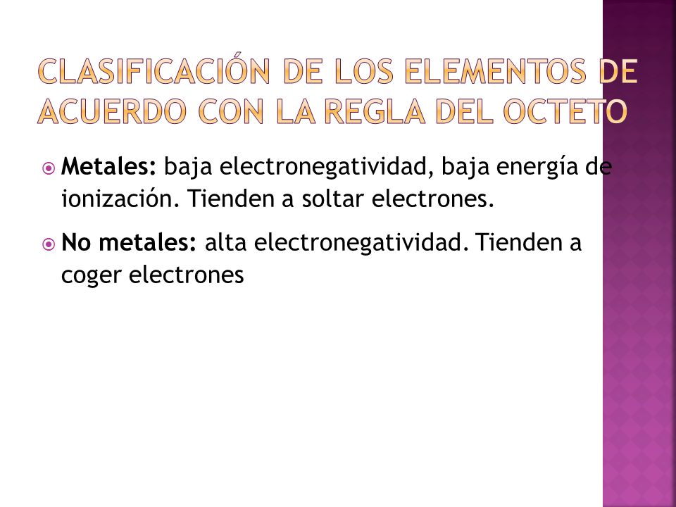 Clasificación de los elementos de acuerdo con la regla del octeto