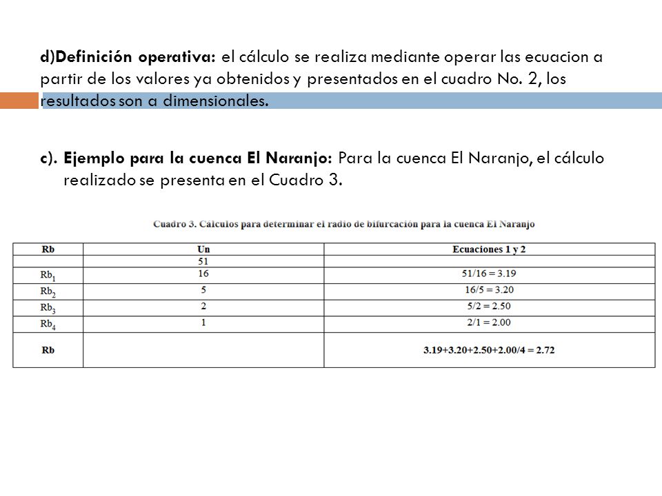 d)Definición operativa: el cálculo se realiza mediante operar las ecuacion a partir de los valores ya obtenidos y presentados en el cuadro No. 2, los resultados son a dimensionales.
